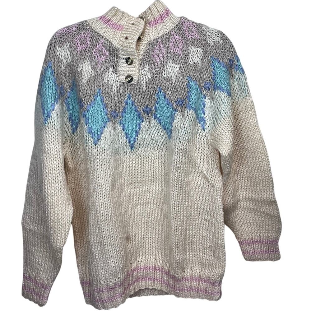 80s 90s Hand Knit Mock Neck Button Up Nordic Sweater Medium